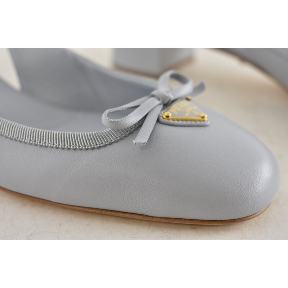 Prada Grey Blue Triangle Logo Bow Ballerina Mule Block Heel Slingback Pump 39.5 - Picture 5 of 15